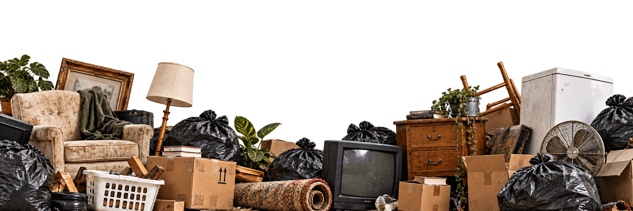 A heap of household junk: an old armchair, lamp, boxes, rolled rugs, a television, plants, bags and a fridge.