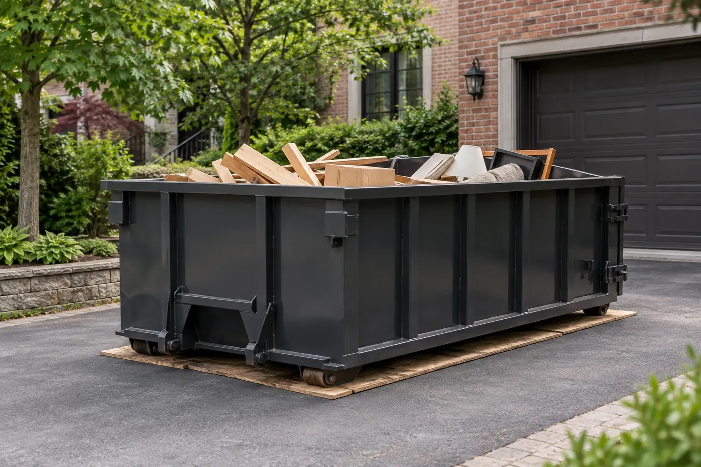 An unbranded roll-off dumpster on protective boards in a residential driveway.