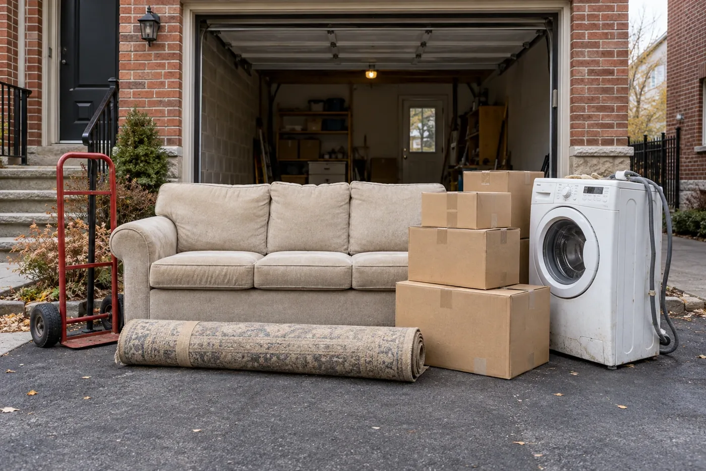 A sofa, rolled rug, boxes, and washing machine ready for collection outside a garage.