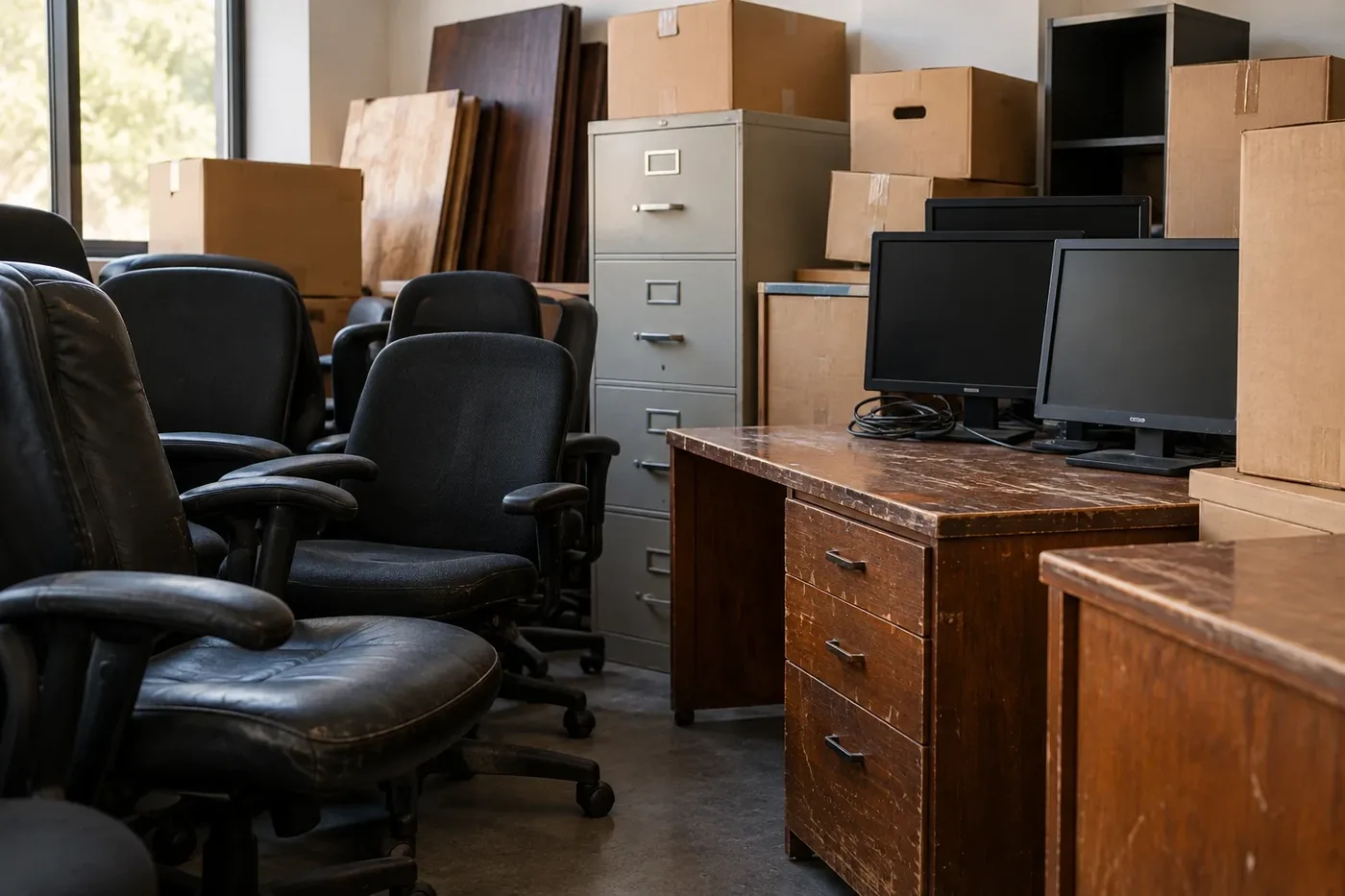 Retired office chairs, desks, and equipment ready for commercial removal.