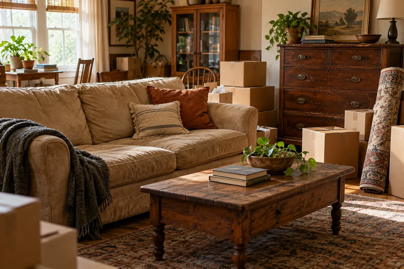 Old furniture and boxes in a living room ready for a residential cleanout.