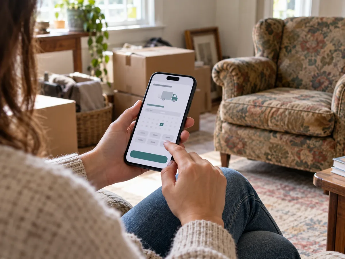 Homeowner booking a pickup on a phone, with boxes and an old chair in the background.