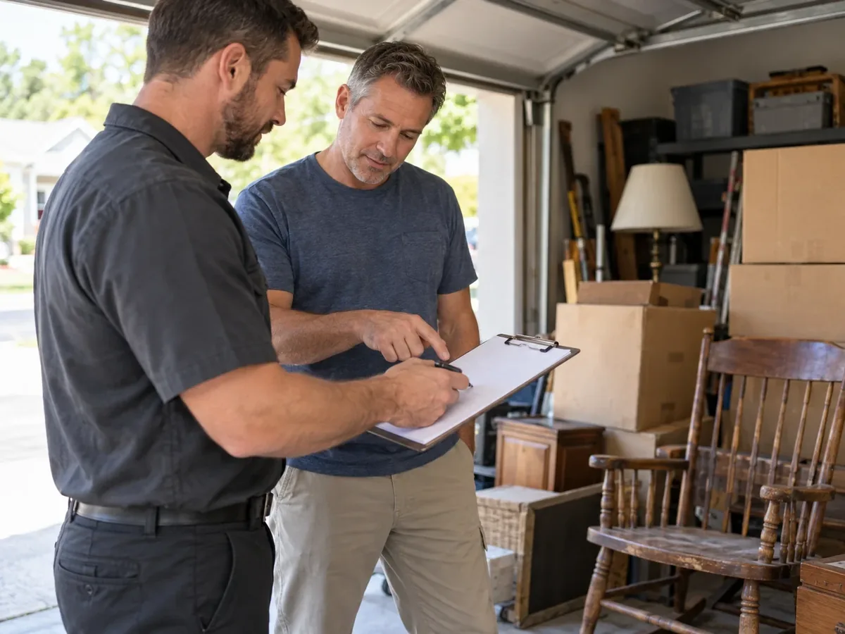 Crew member walking a homeowner through the quote on a clipboard in a garage.