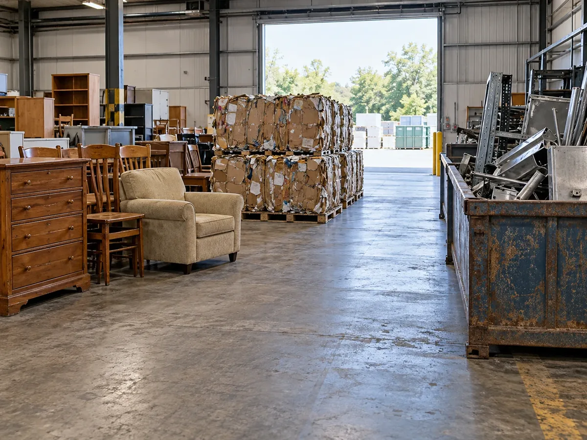 Items sorted at a facility: donation furniture, cardboard bales, and scrap metal.