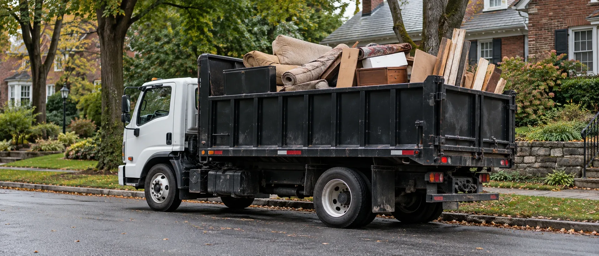 An unbranded junk removal truck loaded with furniture, boxes, and household items on a residential street.