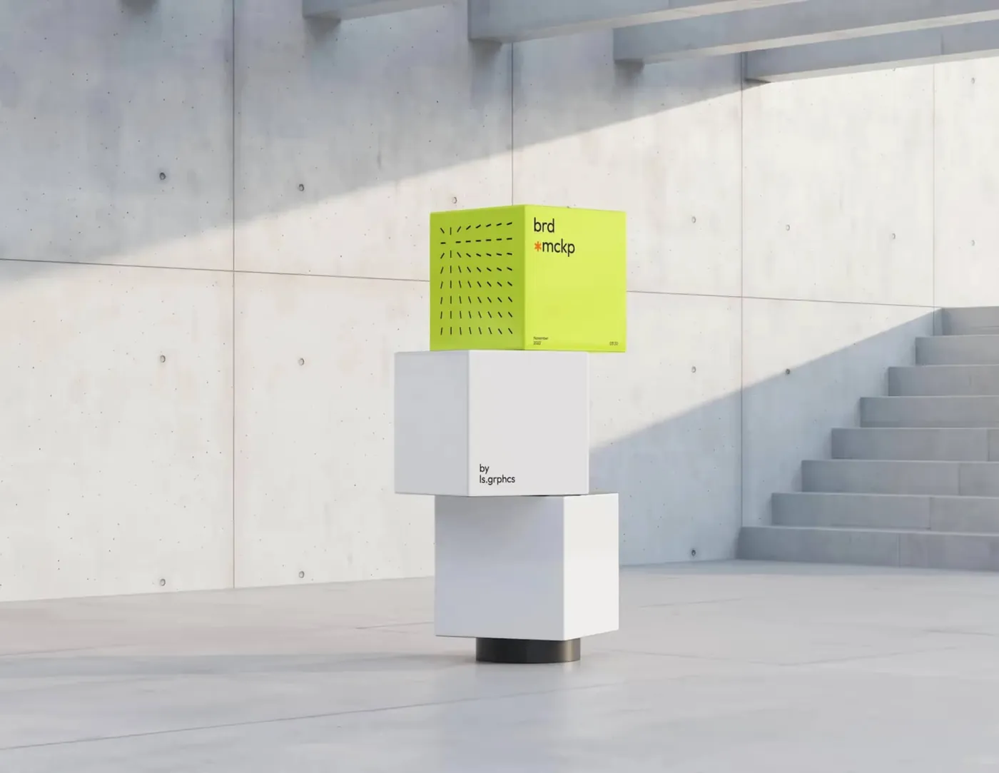 A lime green box on white blocks in a concrete hall