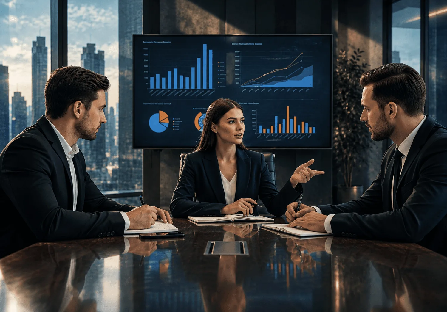 Analysts reviewing growth charts on a screen during a meeting