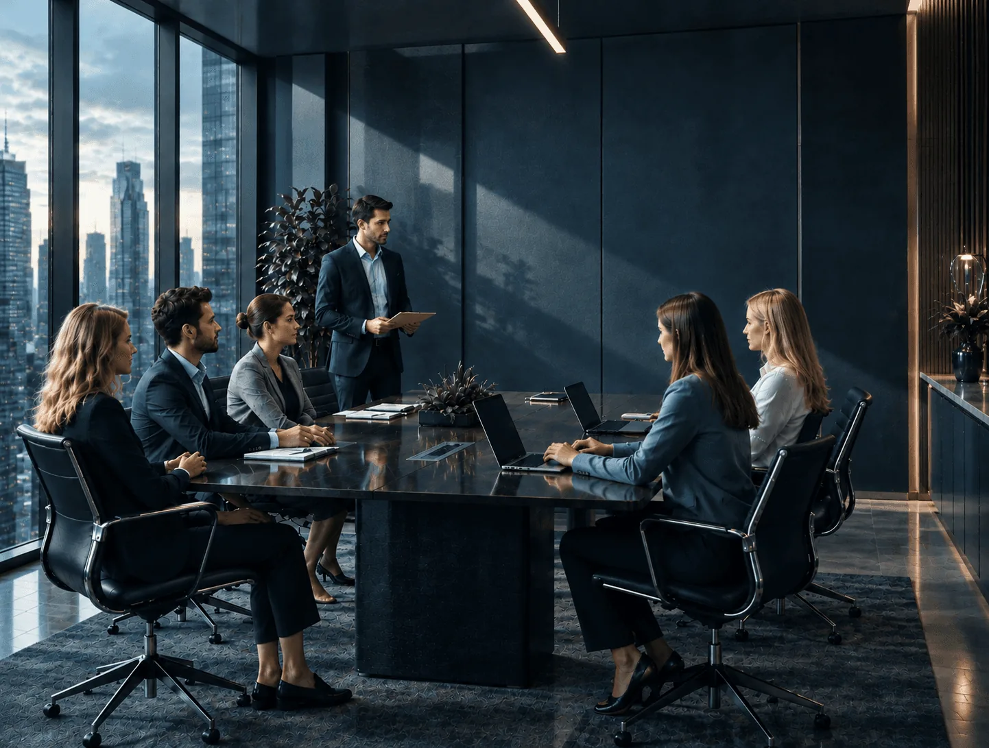 A boardroom meeting high above the city