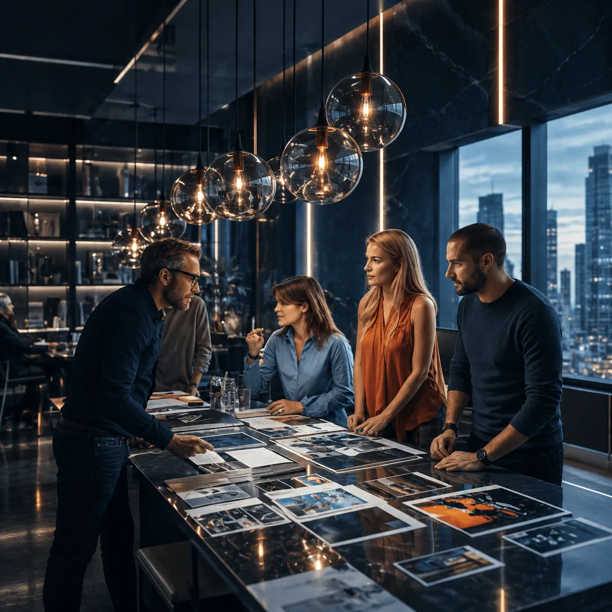 A team laying out brand material on a long workshop table