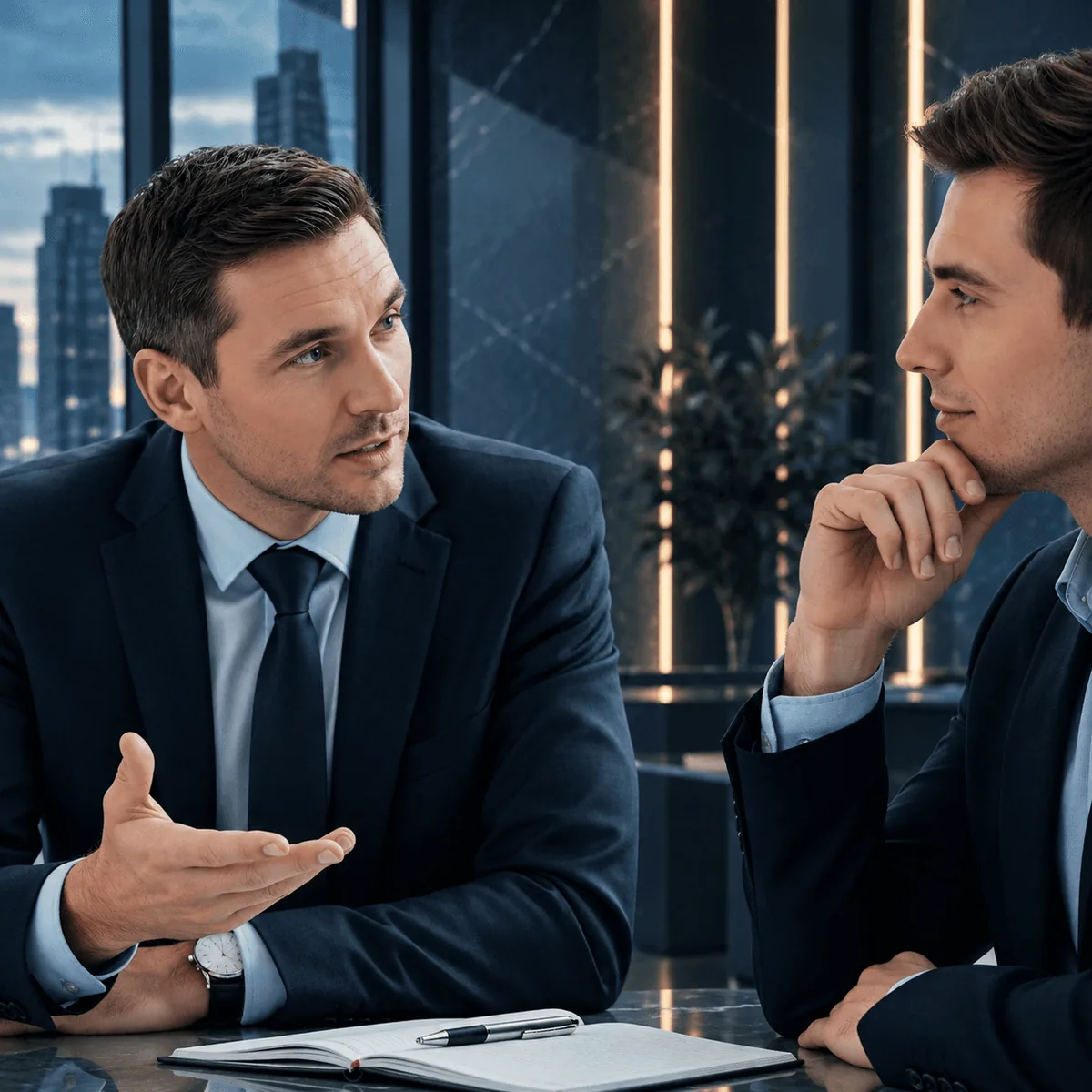 A consultant in a navy suit advising a client across a desk