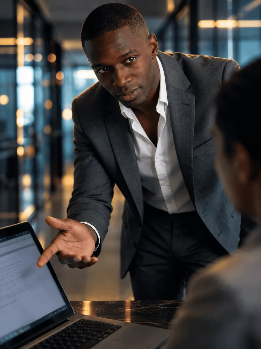 A consultant gesturing while presenting at a laptop