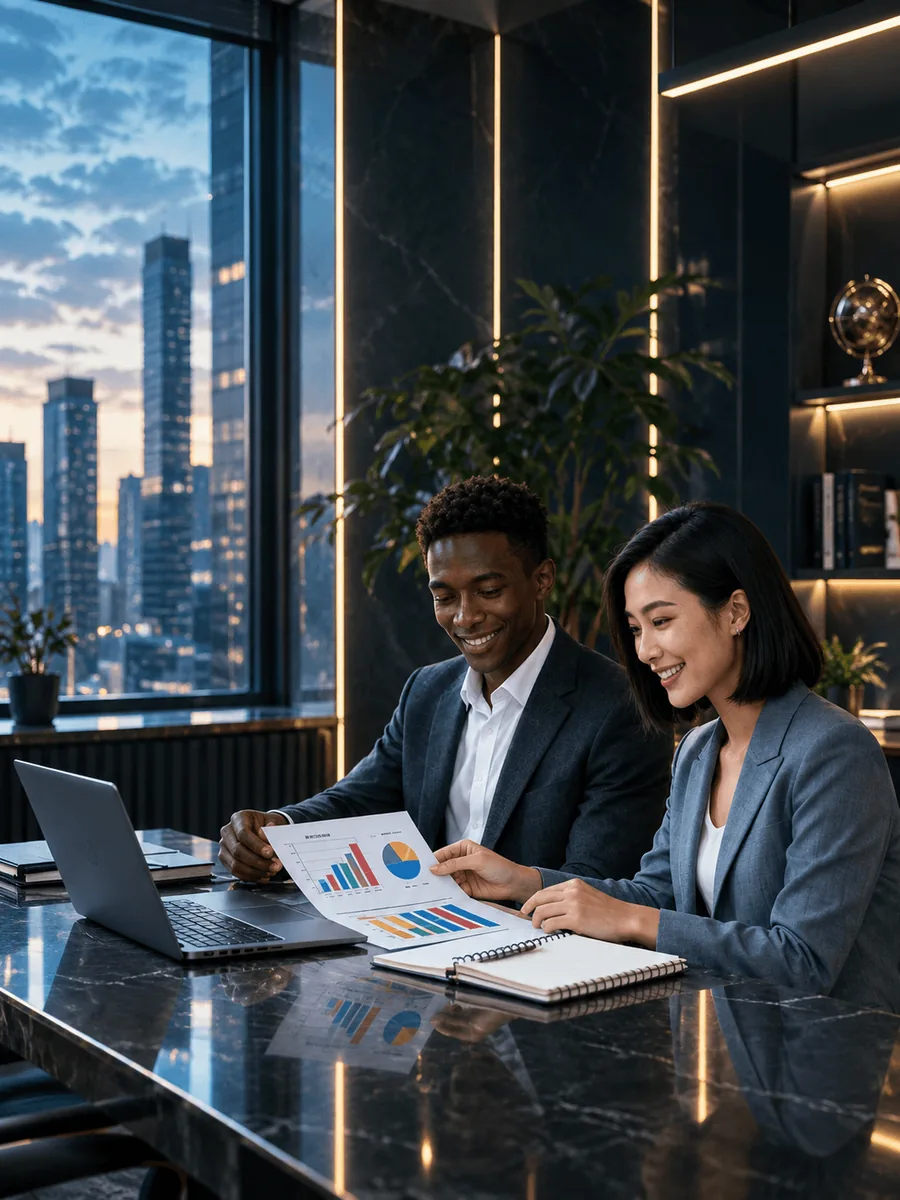 Two consultants reviewing printed reports at a desk