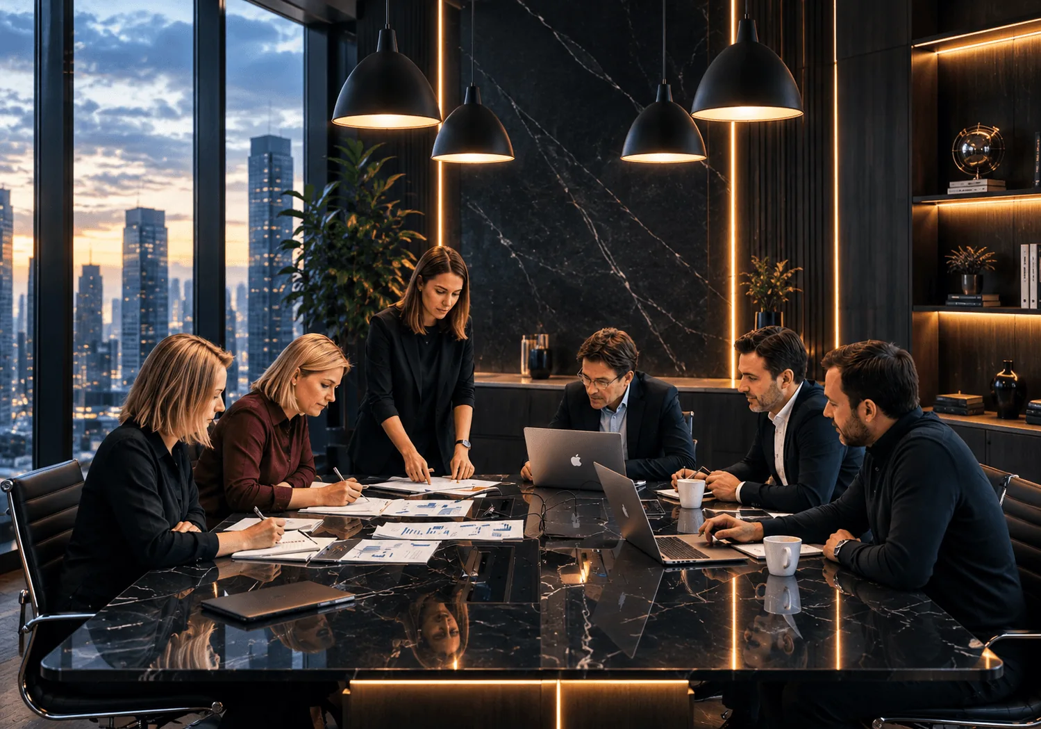 A team collaborating in a boardroom in the evening