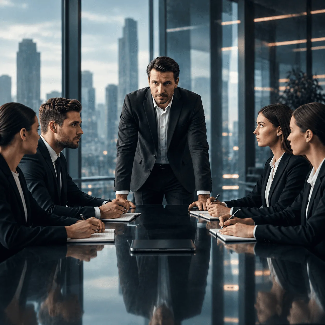 A leader standing at the head of the table addressing the team