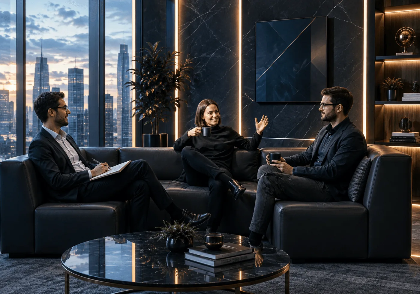Three business leaders talking on sofas in a glass-walled lounge