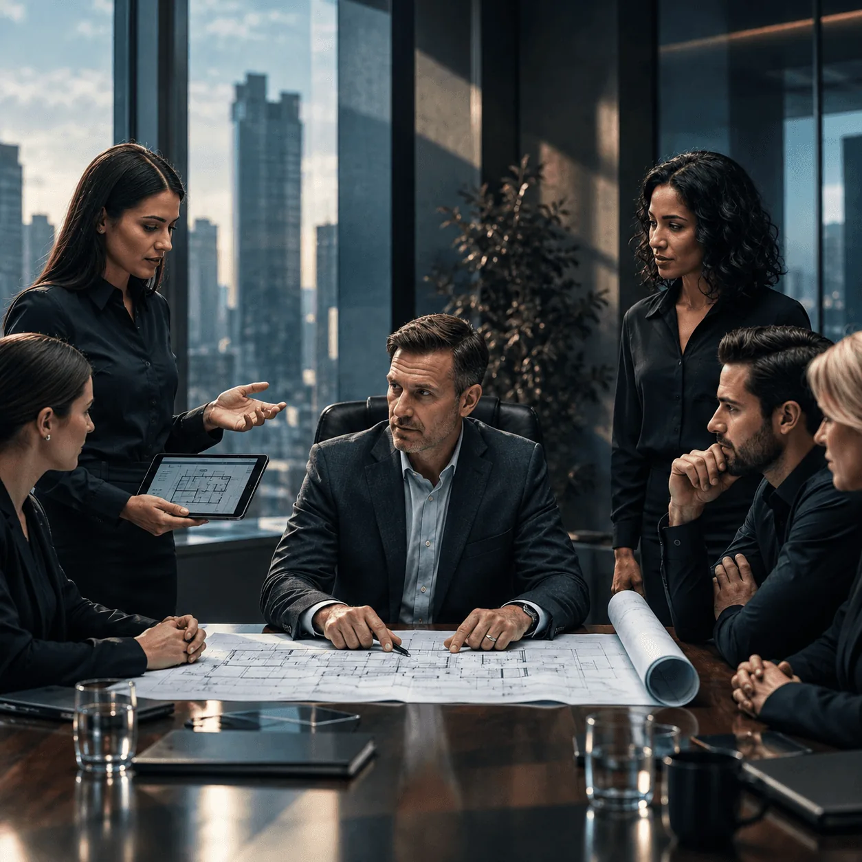 A team planning together around a table covered in papers