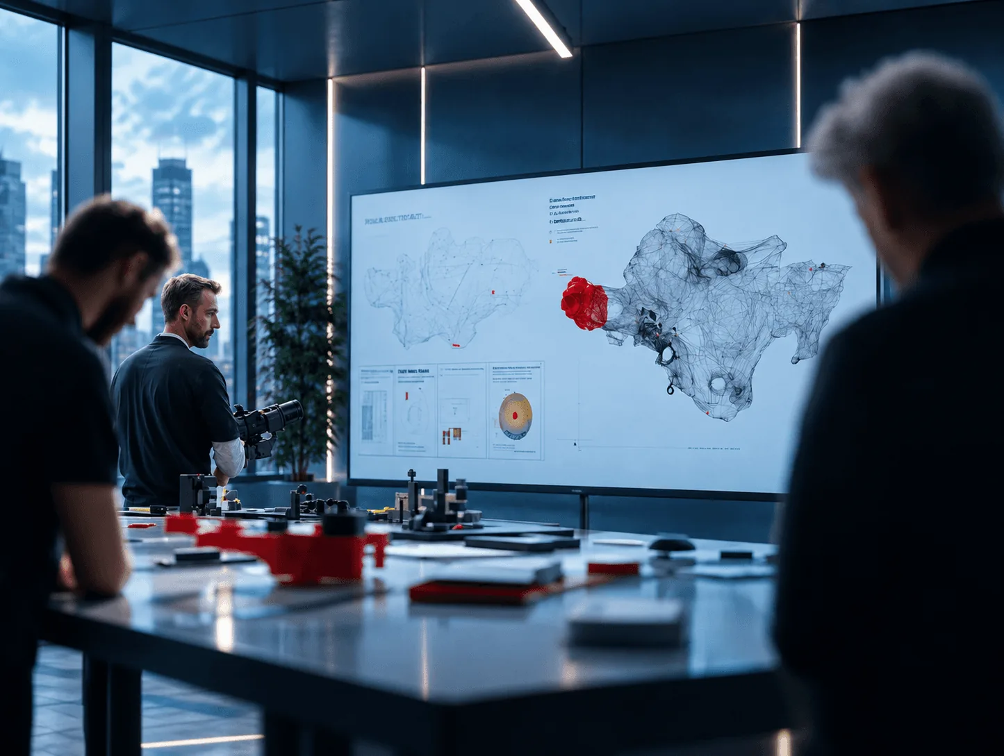 A consultant presenting a market map on a large screen