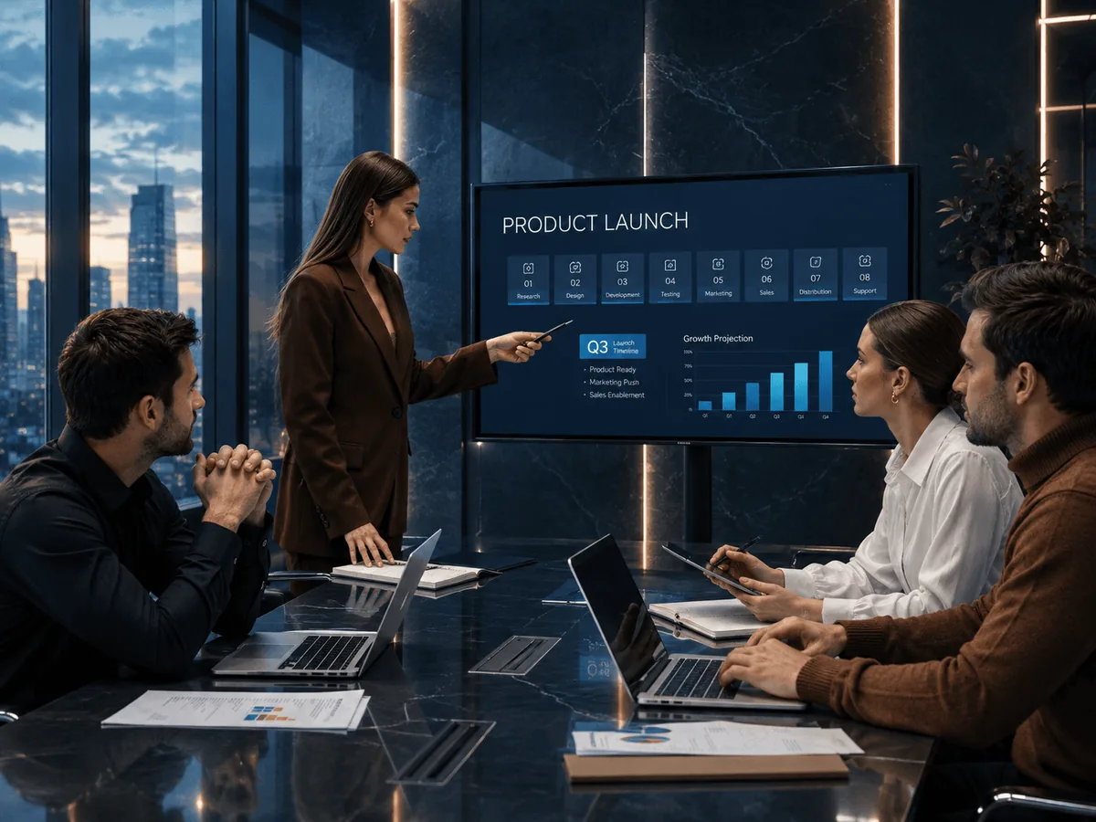 A presenter walking a team through a product launch plan