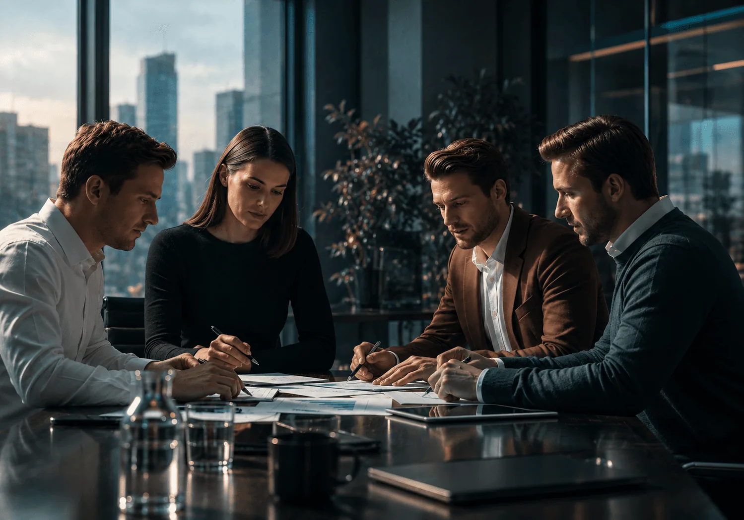 A strategy meeting at a table beside tall city windows