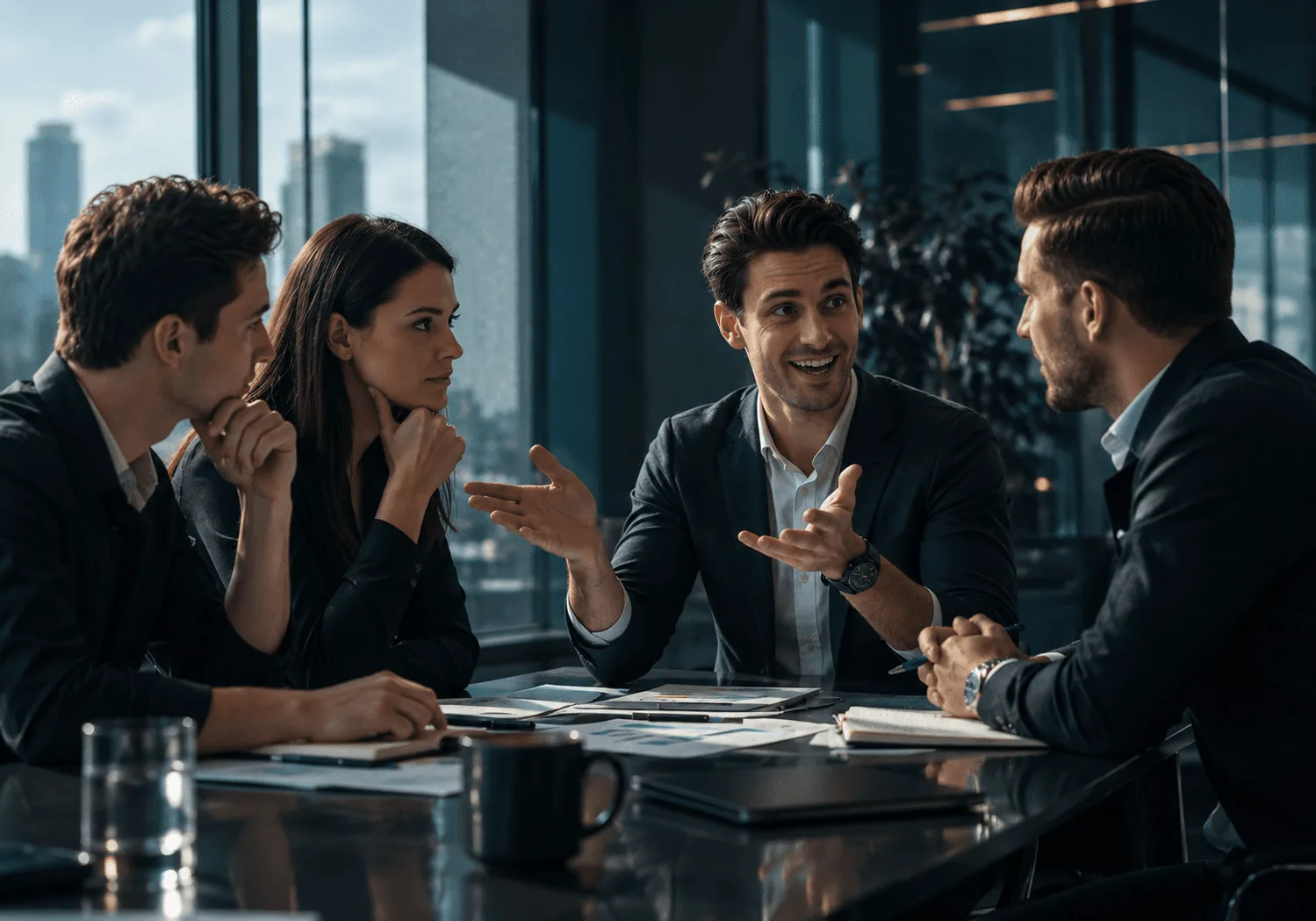 A strategy team laughing together around a meeting table