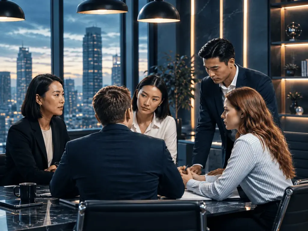 A team in blue suits meeting around a conference table