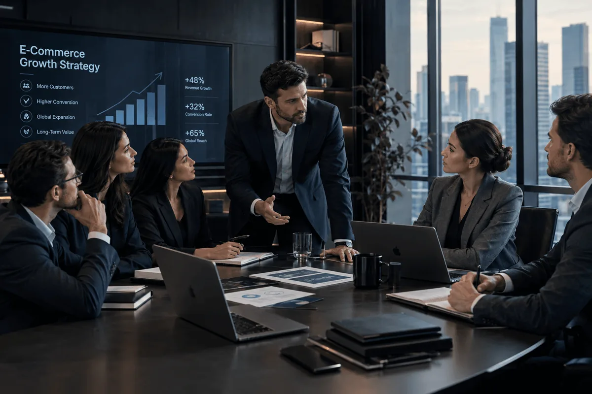 A team reviewing an online sales dashboard on a wall screen