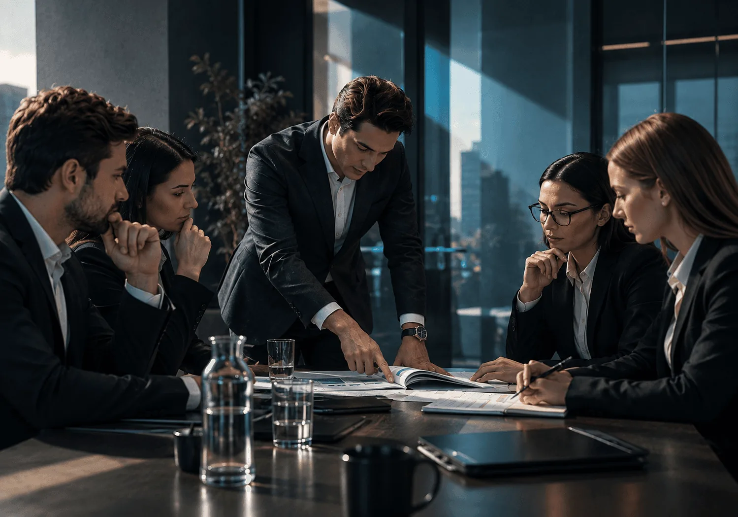 Colleagues working through documents together in a glass office