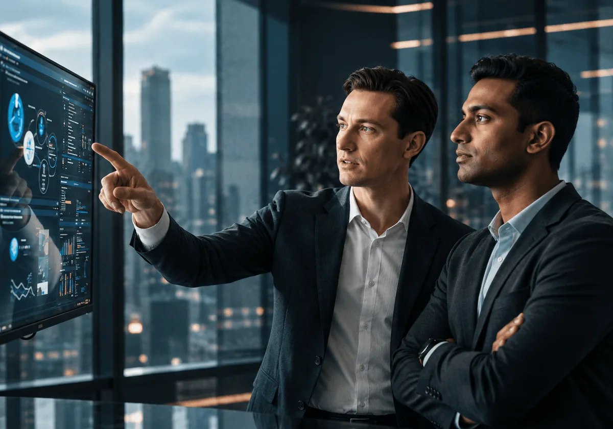 Two consultants discussing a plan at an office window