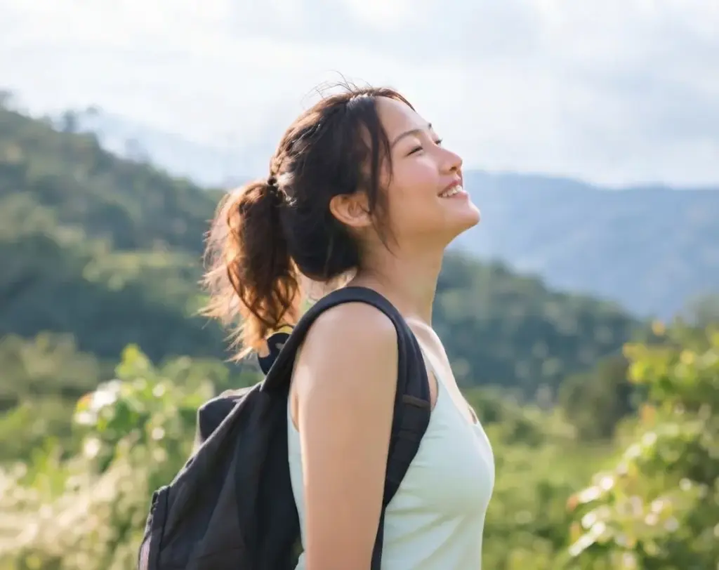 Nelle on a hike, smiling with her face to the sun
