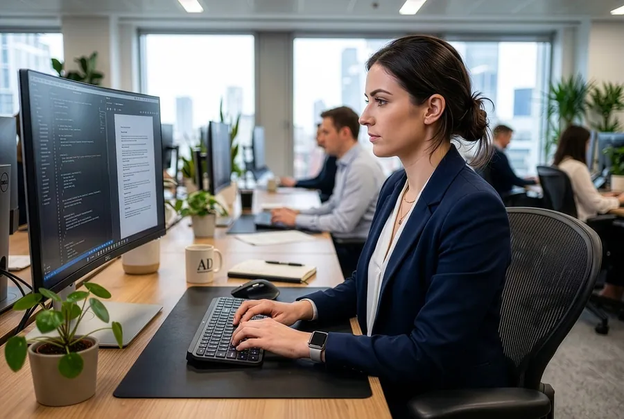 A woman working at a desk in a busy office
