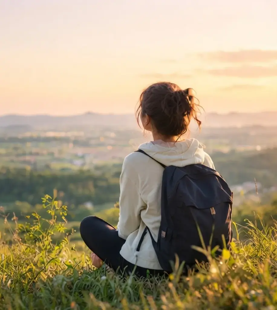 A woman with a backpack sitting on a hill at sunset