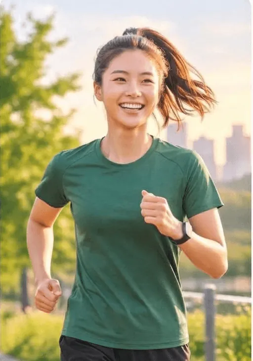 After: the same man running in a green T-shirt
