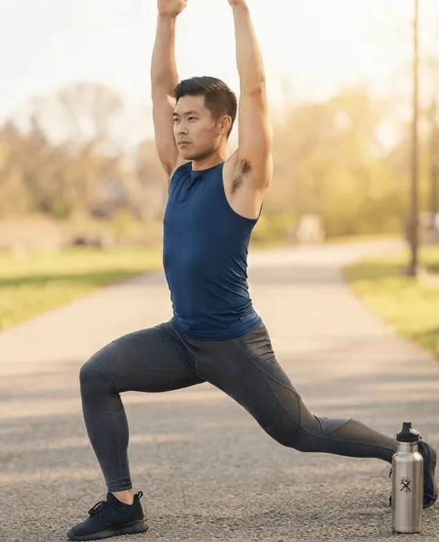 After: the same man doing a lunge outdoors