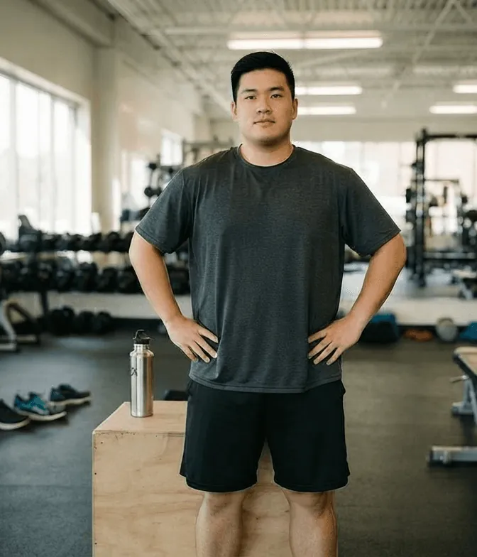 Before: a man in a dark T-shirt in the gym