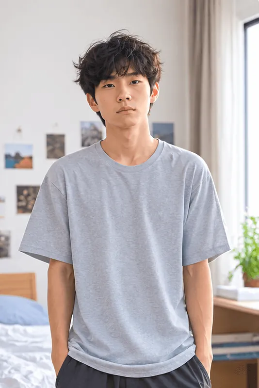 Before: a young man standing at home