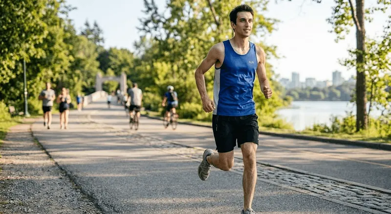 After: the same man running along a lake
