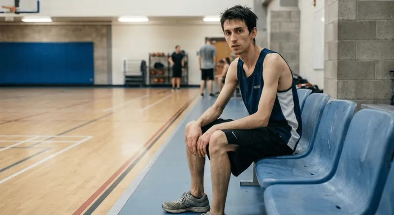 Before: a man sitting in a sports hall