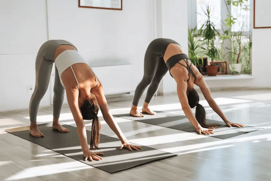 Two women in a downward dog stretch in the studio