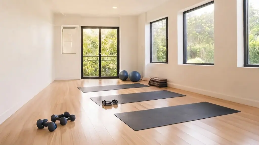 The studio floor with mats, dumbbells and exercise balls
