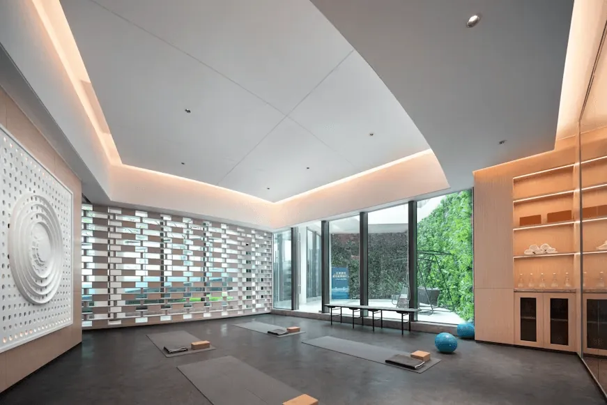 The bright training studio with mats and plants