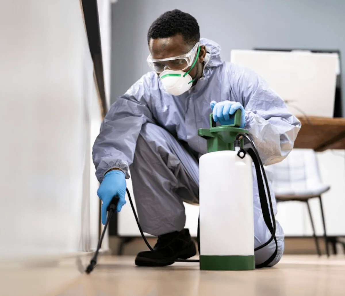 A technician in a mask treating a room with a sprayer
