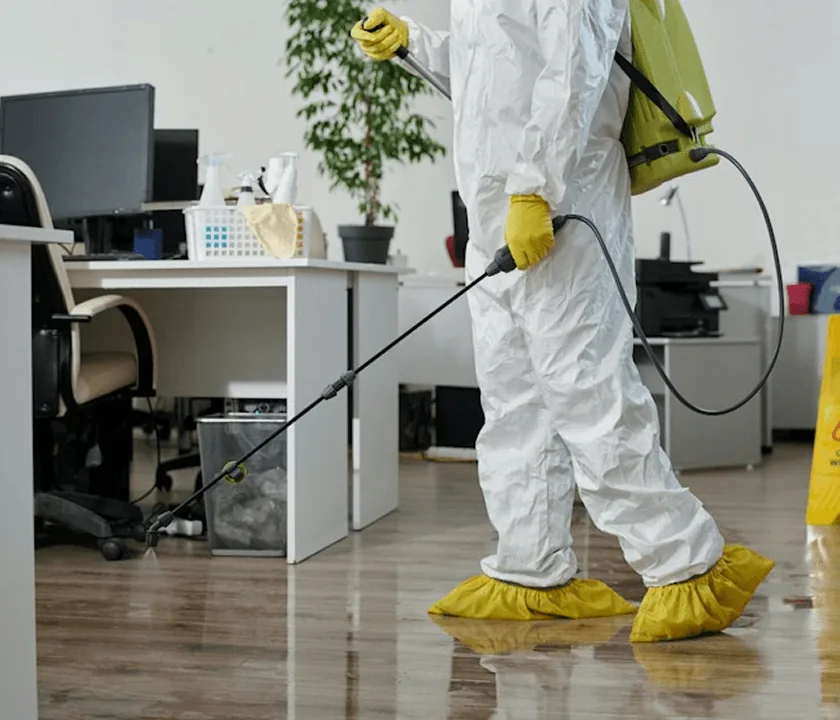 A technician spraying an office near the desks