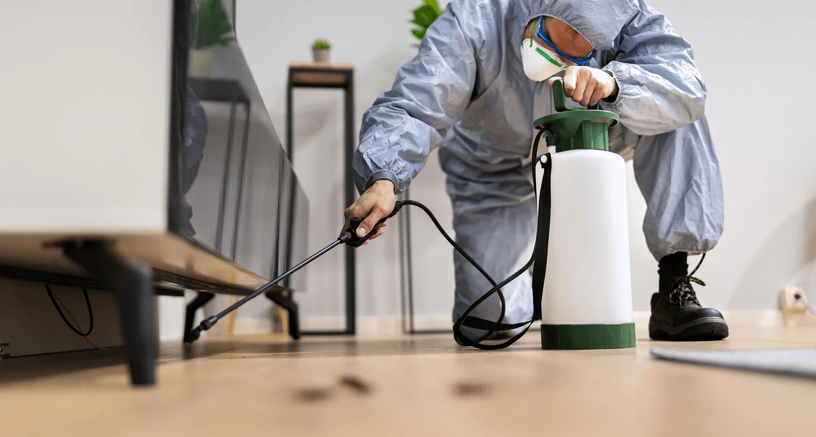 A technician spraying along the skirting of a room