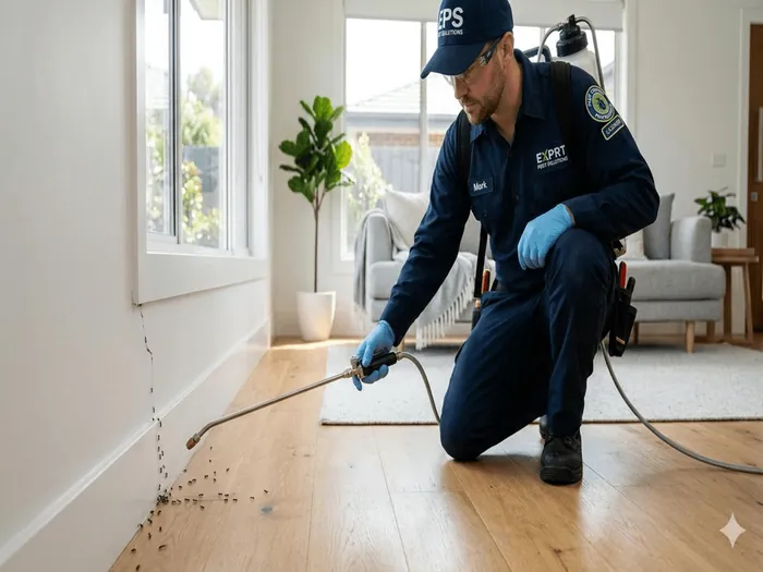 A technician treating an ant trail along the skirting of a room