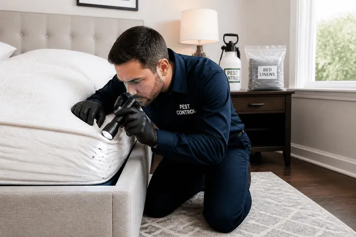 A technician inspecting the seams of a mattress for bed bugs