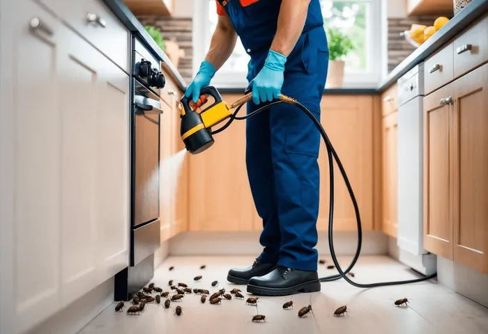 A technician spraying along kitchen cabinets with cockroaches on the floor