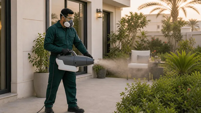 A technician fogging a garden for mosquitoes