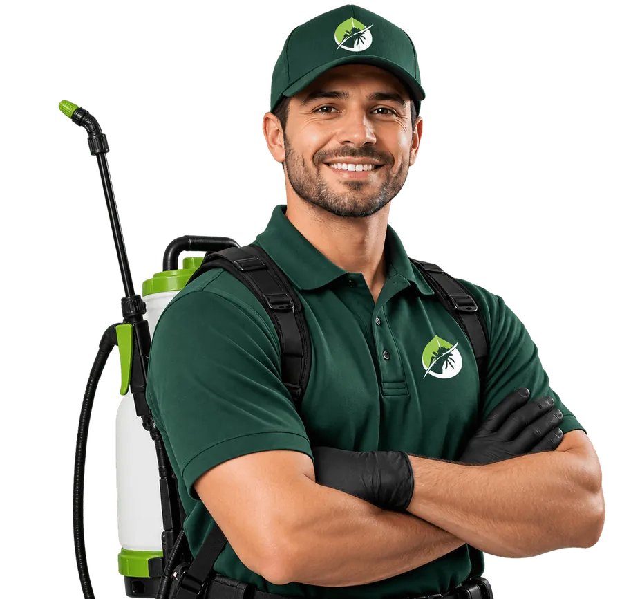 A smiling pest control technician in a green uniform with a backpack sprayer