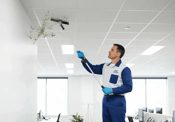 A technician removing spider webs from an office ceiling