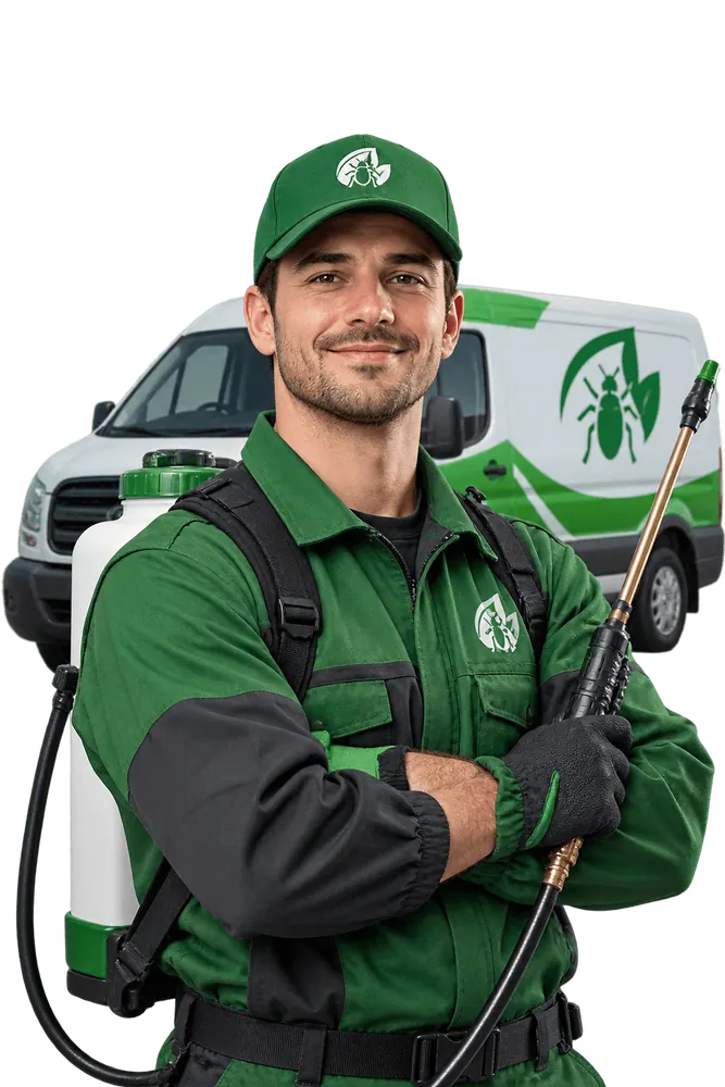 A smiling technician in front of a service van
